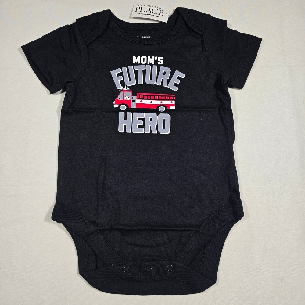 Children's Place Baby Boys 6-9M Black Moms Future Hero Fire Truck Bodysuit NWT